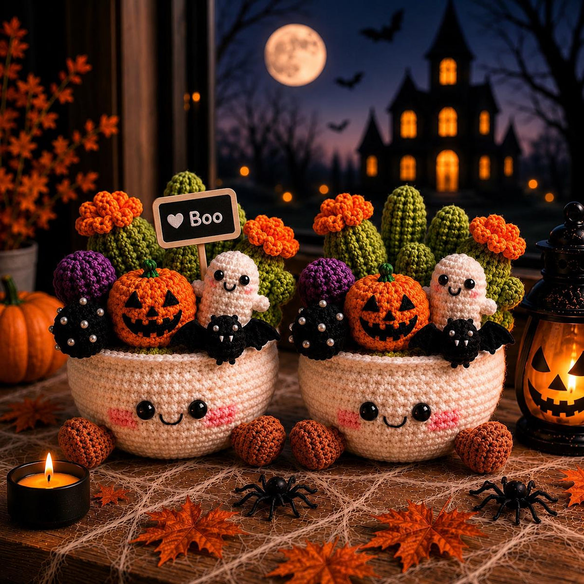 Spooky Crochet Cactus Pot, Halloween Desk Decor, Ghost Cactus Decor, Handmade Halloween Gift, Cute Office Decor, Gothic Home Decor