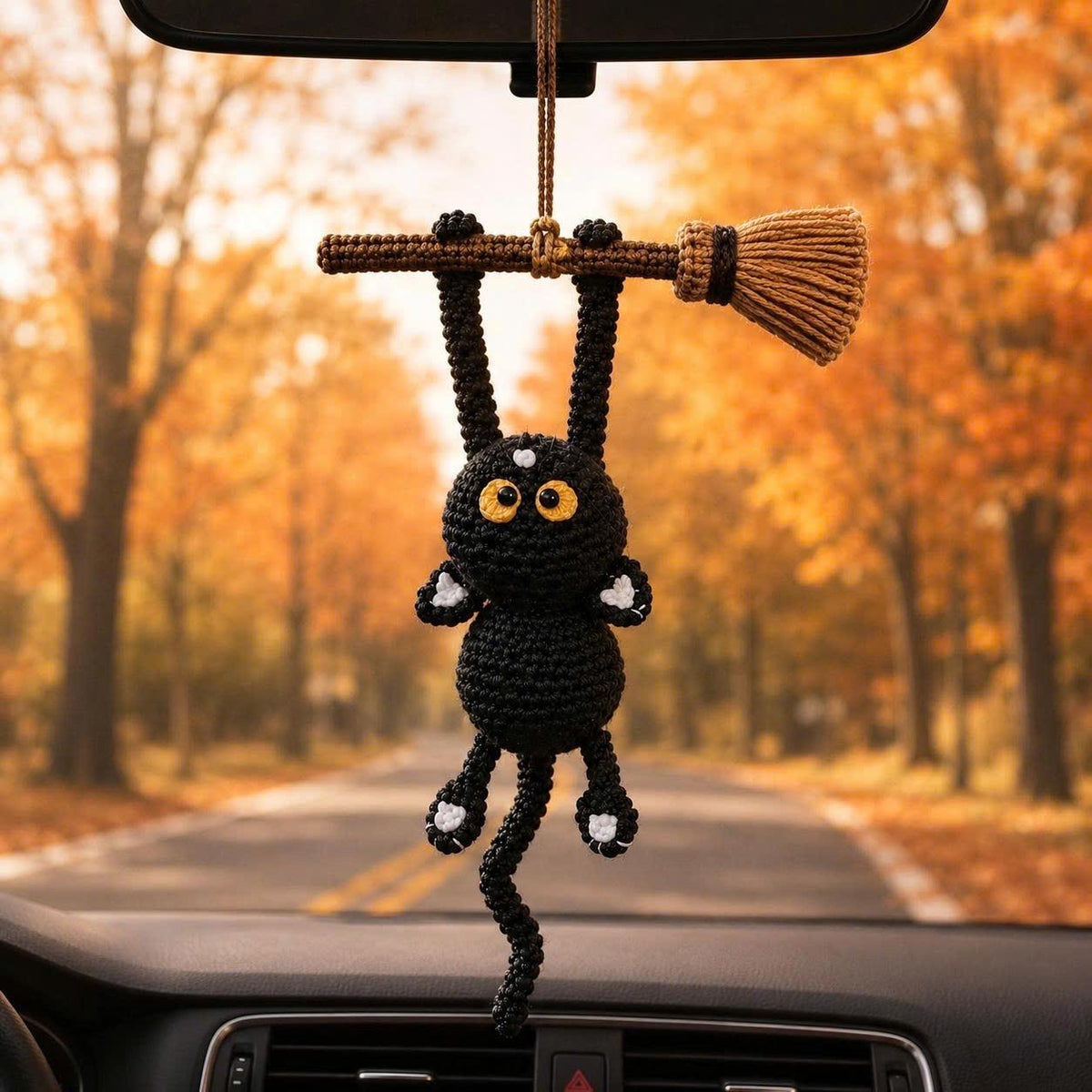 Crochet Black Cat on Broom, Halloween Car Hanging, Witch Cat Ornament, Funny Rearview Mirror Charm, Spooky Cute Decor, Halloween Gift