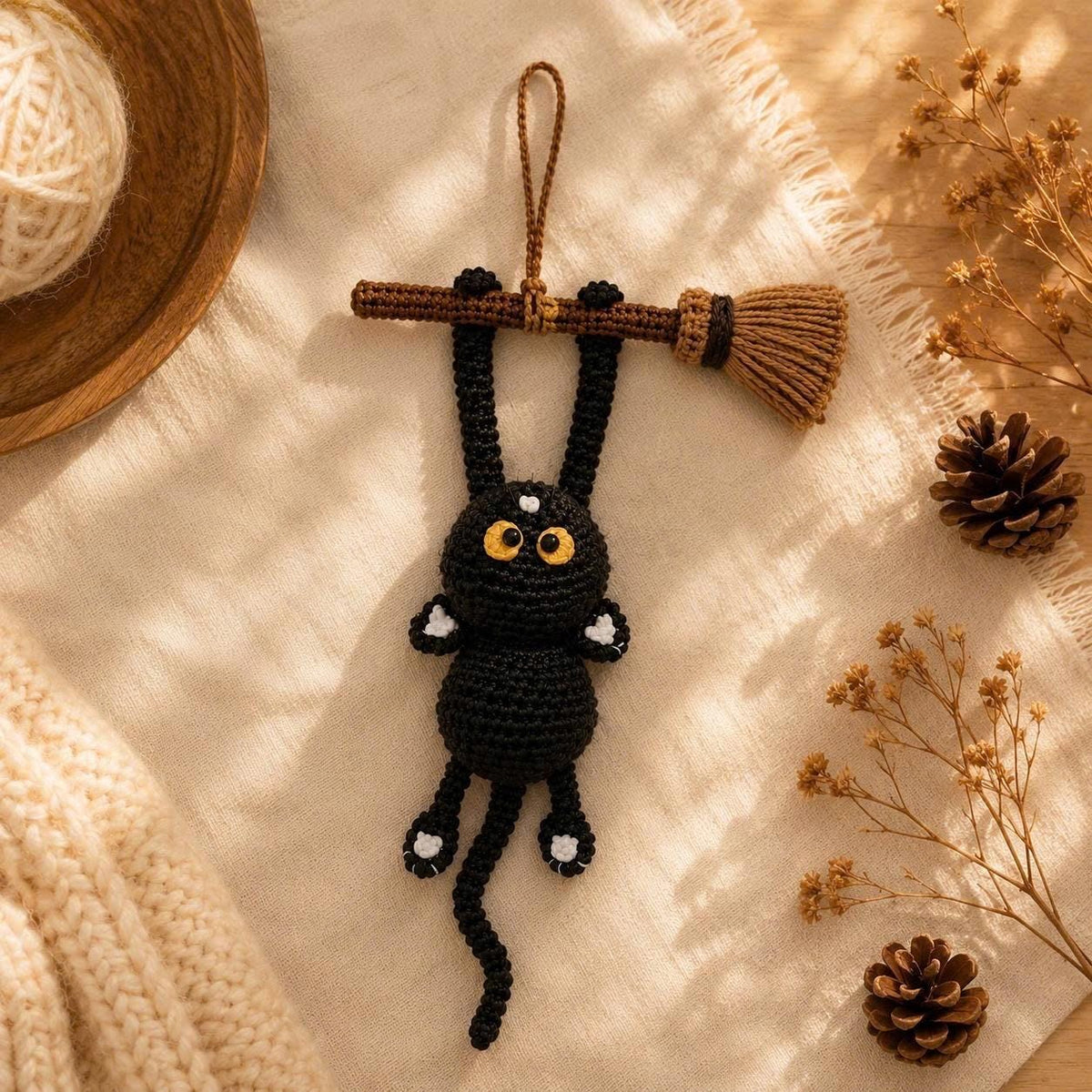 Crochet Black Cat on Broom, Halloween Car Hanging, Witch Cat Ornament, Funny Rearview Mirror Charm, Spooky Cute Decor, Halloween Gift