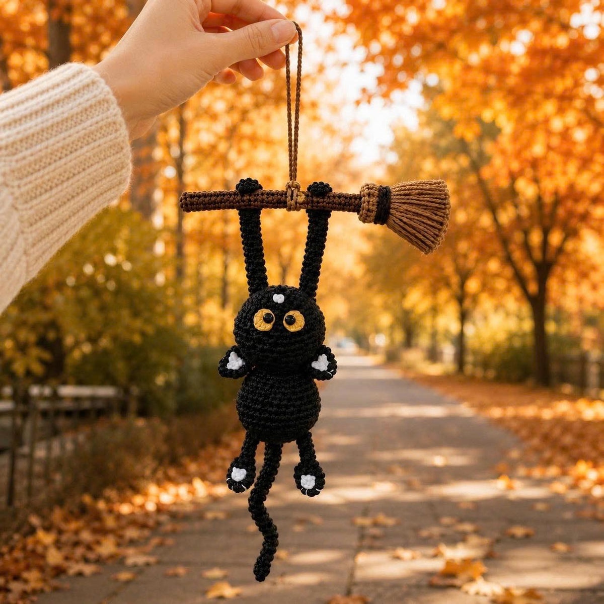 Crochet Black Cat on Broom, Halloween Car Hanging, Witch Cat Ornament, Funny Rearview Mirror Charm, Spooky Cute Decor, Halloween Gift