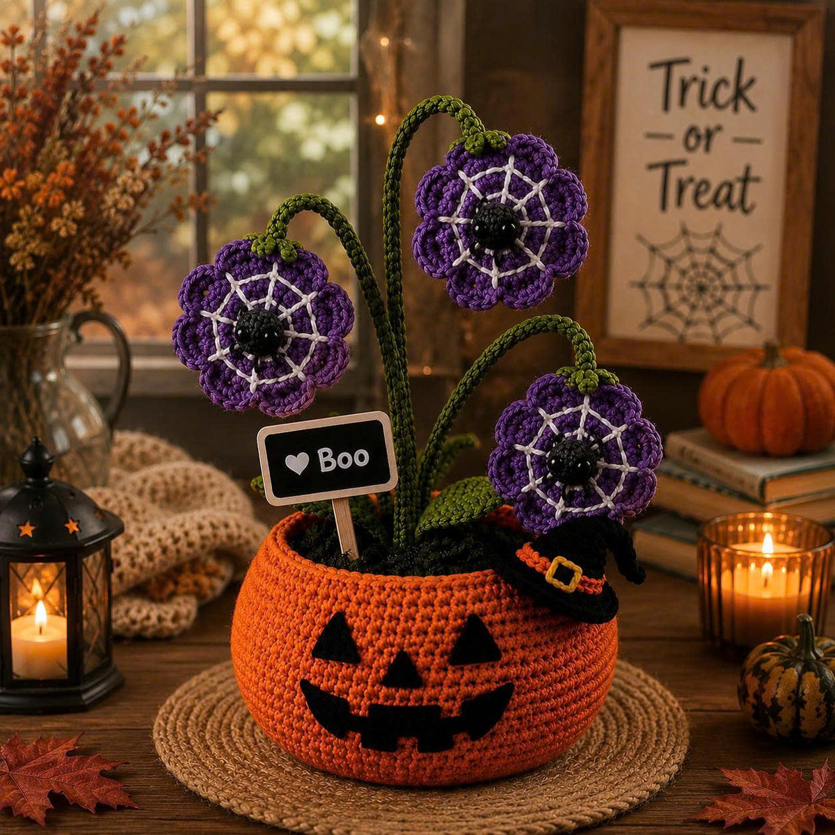 Halloween Crochet Plant, Pumpkin Pot Amigurumi, Spooky Desk Decor, Candy Corn Flower, Black Cat Decor, Eyeball Plant, Fall Office Gift