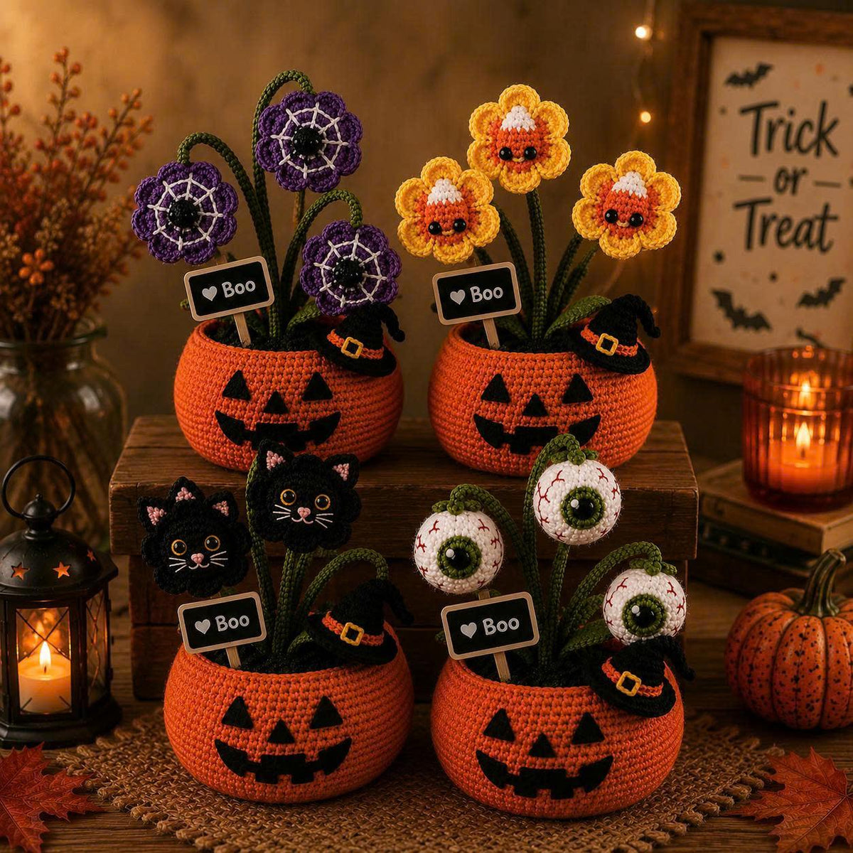 Halloween Crochet Plant, Pumpkin Pot Amigurumi, Spooky Desk Decor, Candy Corn Flower, Black Cat Decor, Eyeball Plant, Fall Office Gift