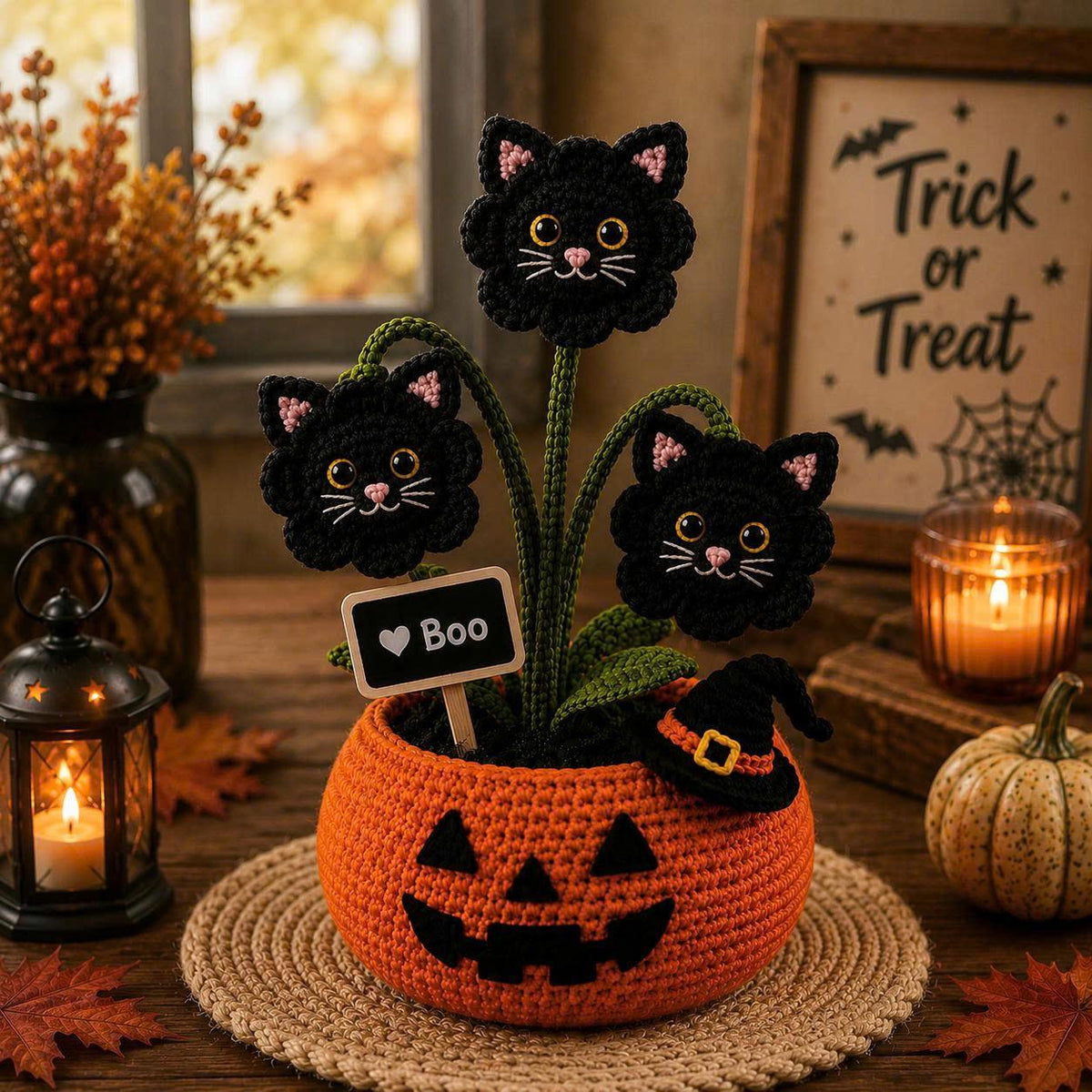 Halloween Crochet Plant, Pumpkin Pot Amigurumi, Spooky Desk Decor, Candy Corn Flower, Black Cat Decor, Eyeball Plant, Fall Office Gift