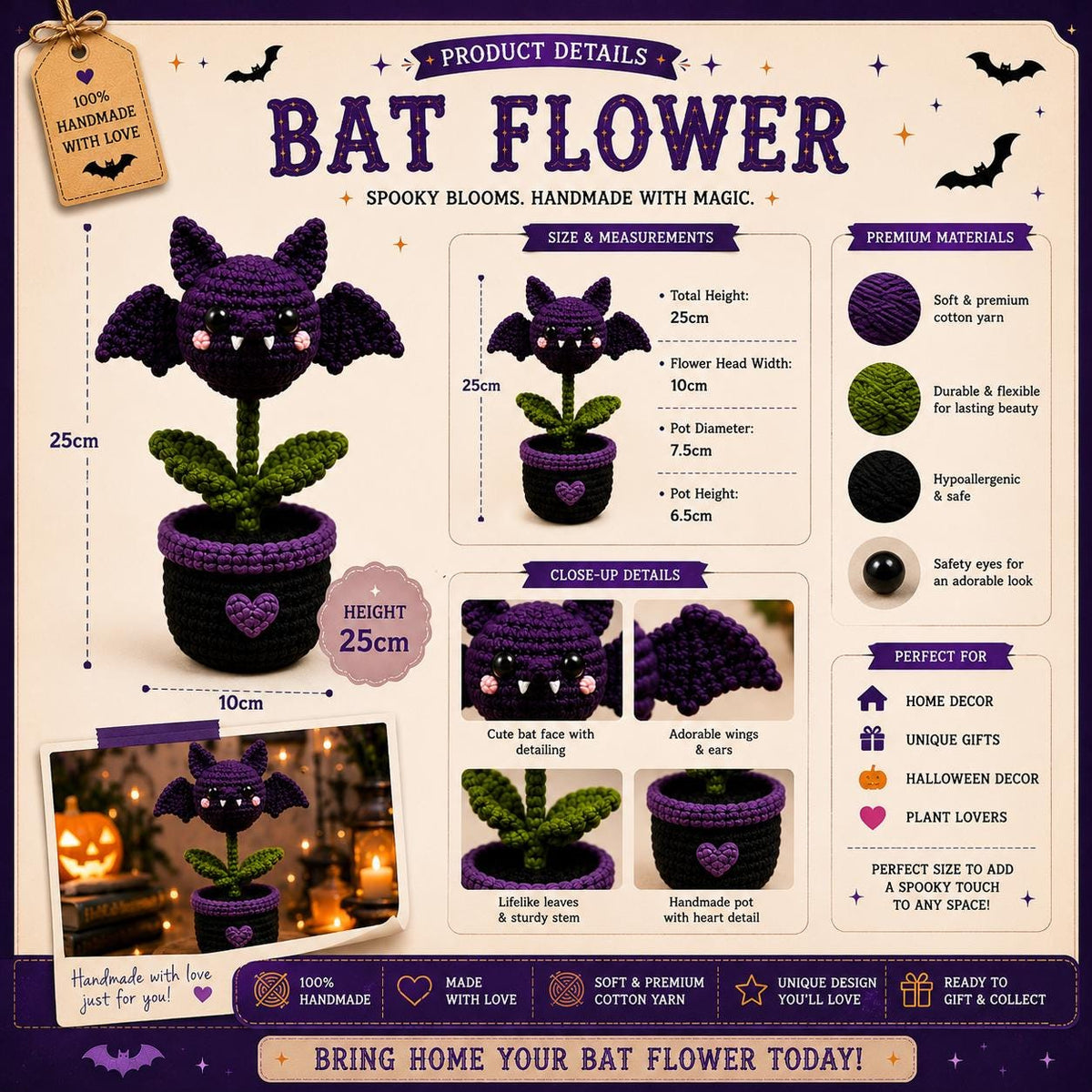 Crochet Bat Flower Pot, Halloween Desk Decor, Spooky Bat Plant, Gothic Home Decor, Cute Halloween Decoration, Handmade Halloween Gift