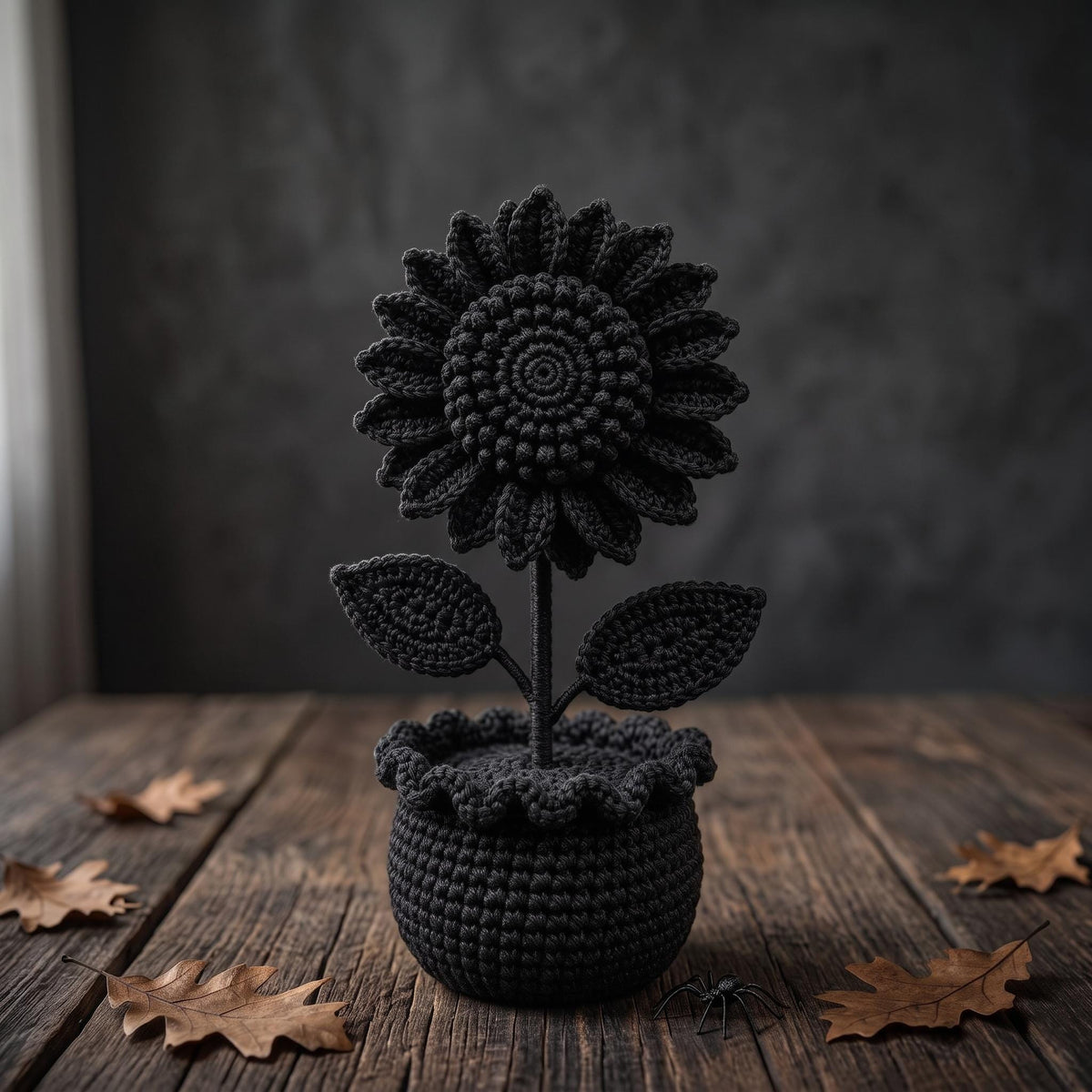 Crochet Black Sunflower Pot, Gothic Halloween Decor, Dark Floral Desk Decor, Handmade Black Flower, Moody Home Decor, Halloween Gift