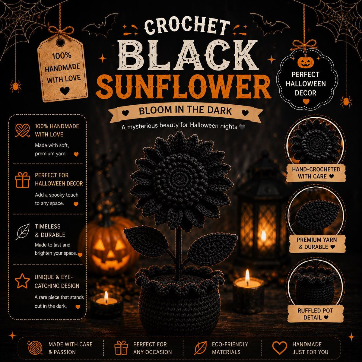 Crochet Black Sunflower Pot, Gothic Halloween Decor, Dark Floral Desk Decor, Handmade Black Flower, Moody Home Decor, Halloween Gift