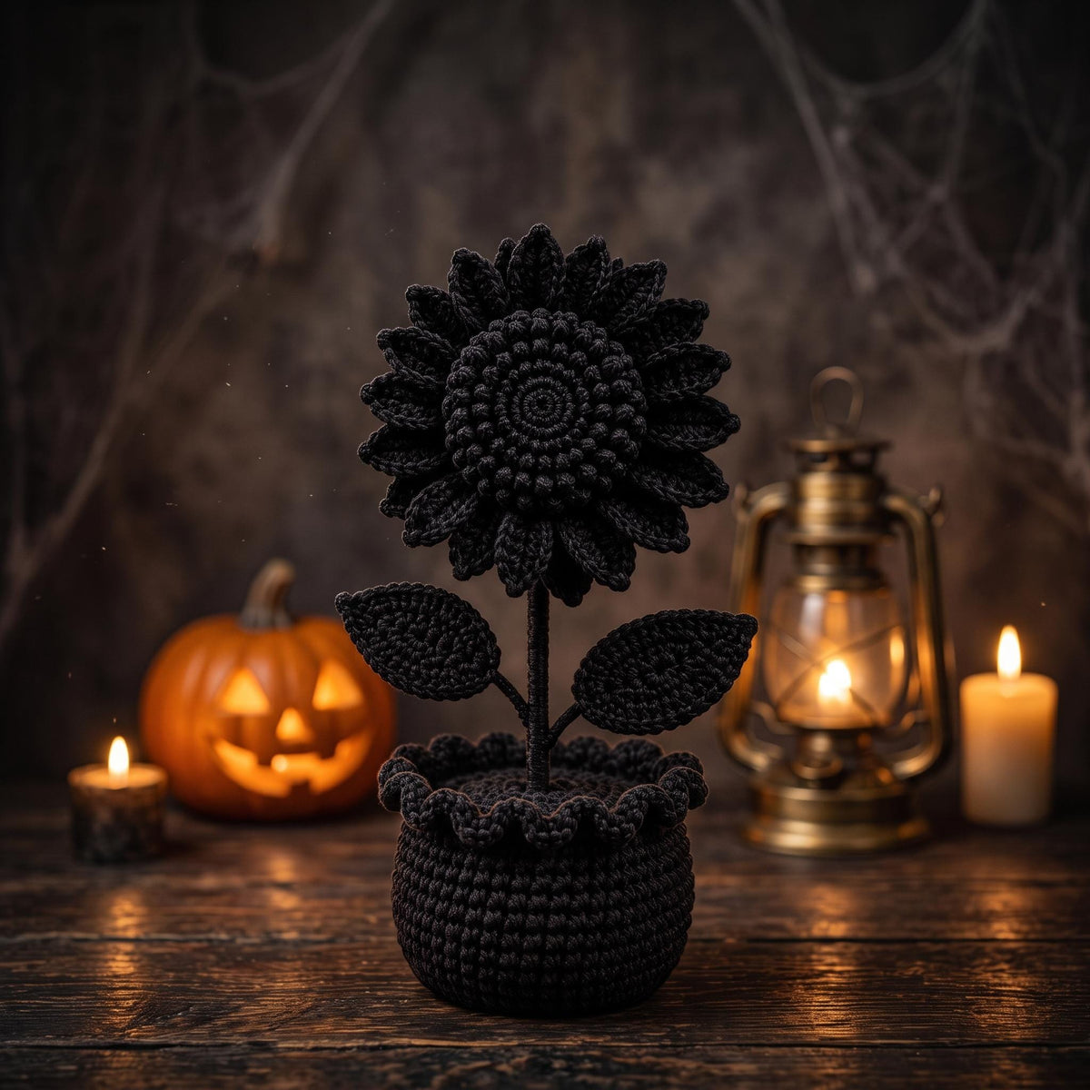 Crochet Black Sunflower Pot, Gothic Halloween Decor, Dark Floral Desk Decor, Handmade Black Flower, Moody Home Decor, Halloween Gift
