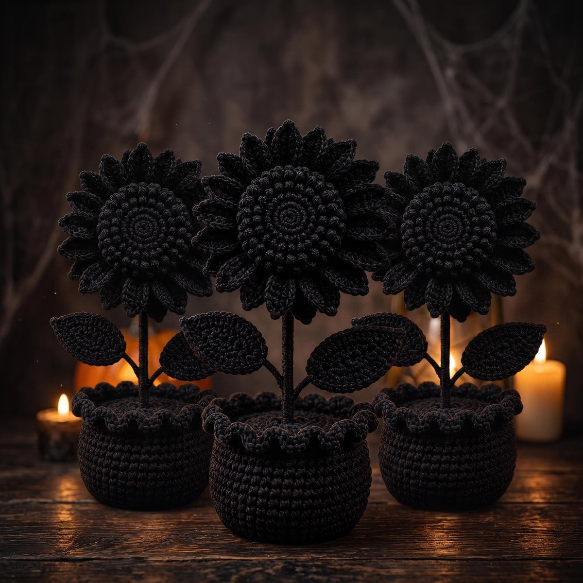 Crochet Black Sunflower Pot, Gothic Halloween Decor, Dark Floral Desk Decor, Handmade Black Flower, Moody Home Decor, Halloween Gift