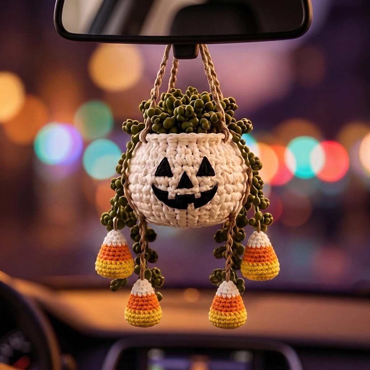 Crochet Halloween Hanging Planter, Pumpkin Car Hanging, Ghost Bat Rearview Mirror Charm, Spooky Cute Car Decor, Handmade Halloween Gift