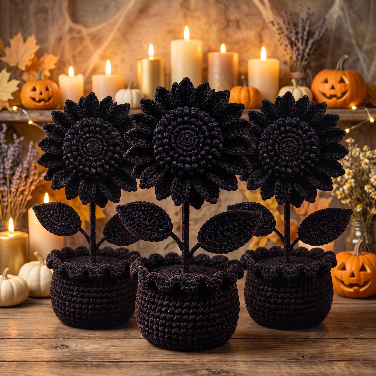 Crochet Black Sunflower Pot, Gothic Halloween Decor, Dark Floral Desk Decor, Handmade Black Flower, Moody Home Decor, Halloween Gift