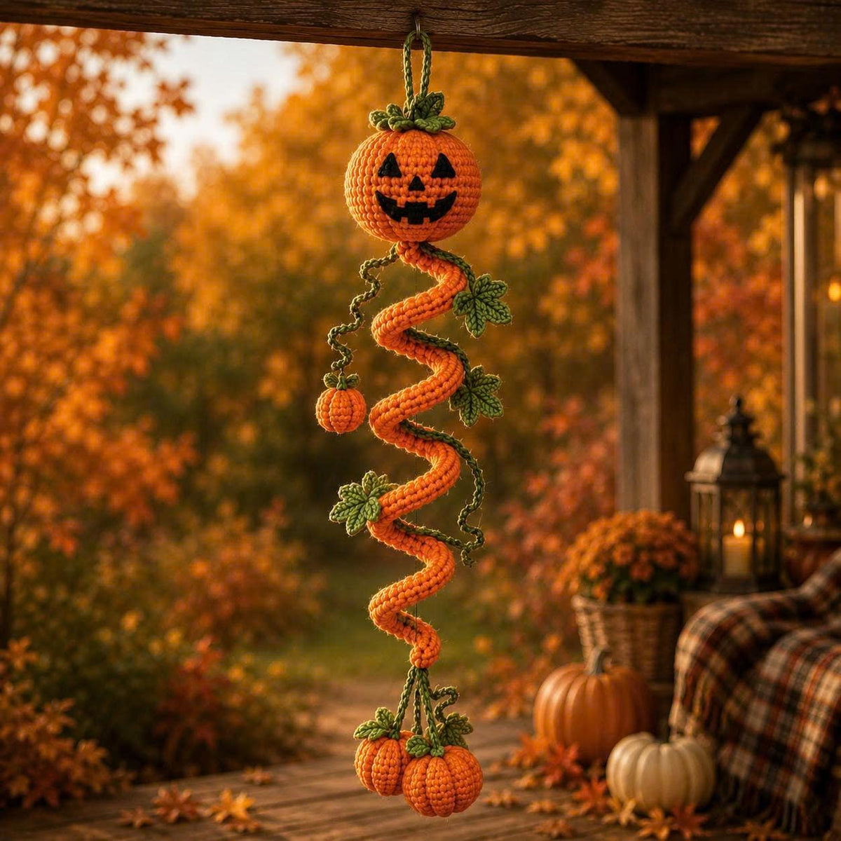 Halloween Wind Spinner, Crochet Ghost Mobile, Pumpkin Hanging Decor, Bat Spiral Amigurumi, Spooky Porch Decor, Cute Fall Patio Ornament