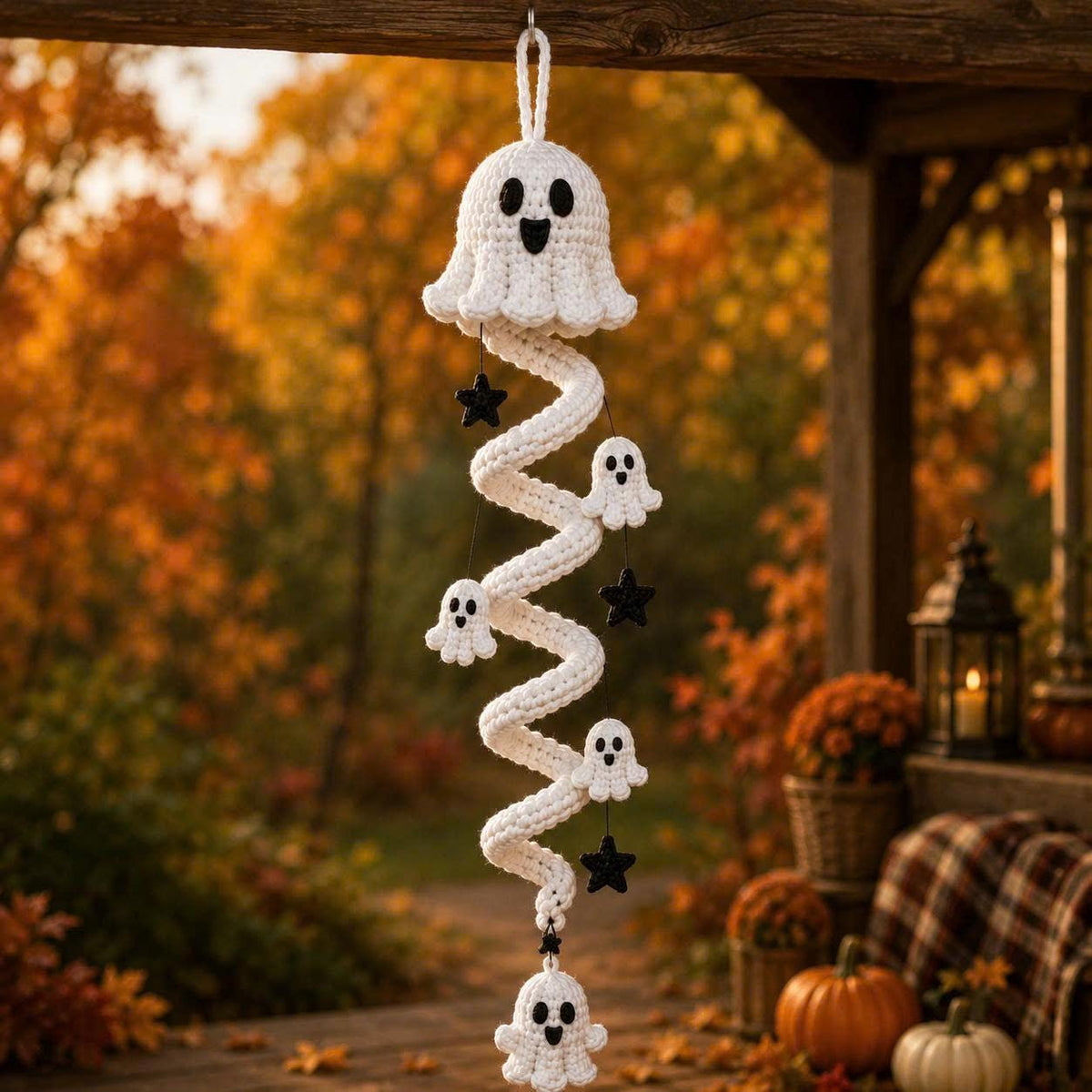 Halloween Wind Spinner, Crochet Ghost Mobile, Pumpkin Hanging Decor, Bat Spiral Amigurumi, Spooky Porch Decor, Cute Fall Patio Ornament