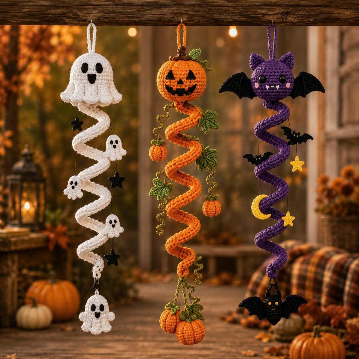 Halloween Wind Spinner, Crochet Ghost Mobile, Pumpkin Hanging Decor, Bat Spiral Amigurumi, Spooky Porch Decor, Cute Fall Patio Ornament