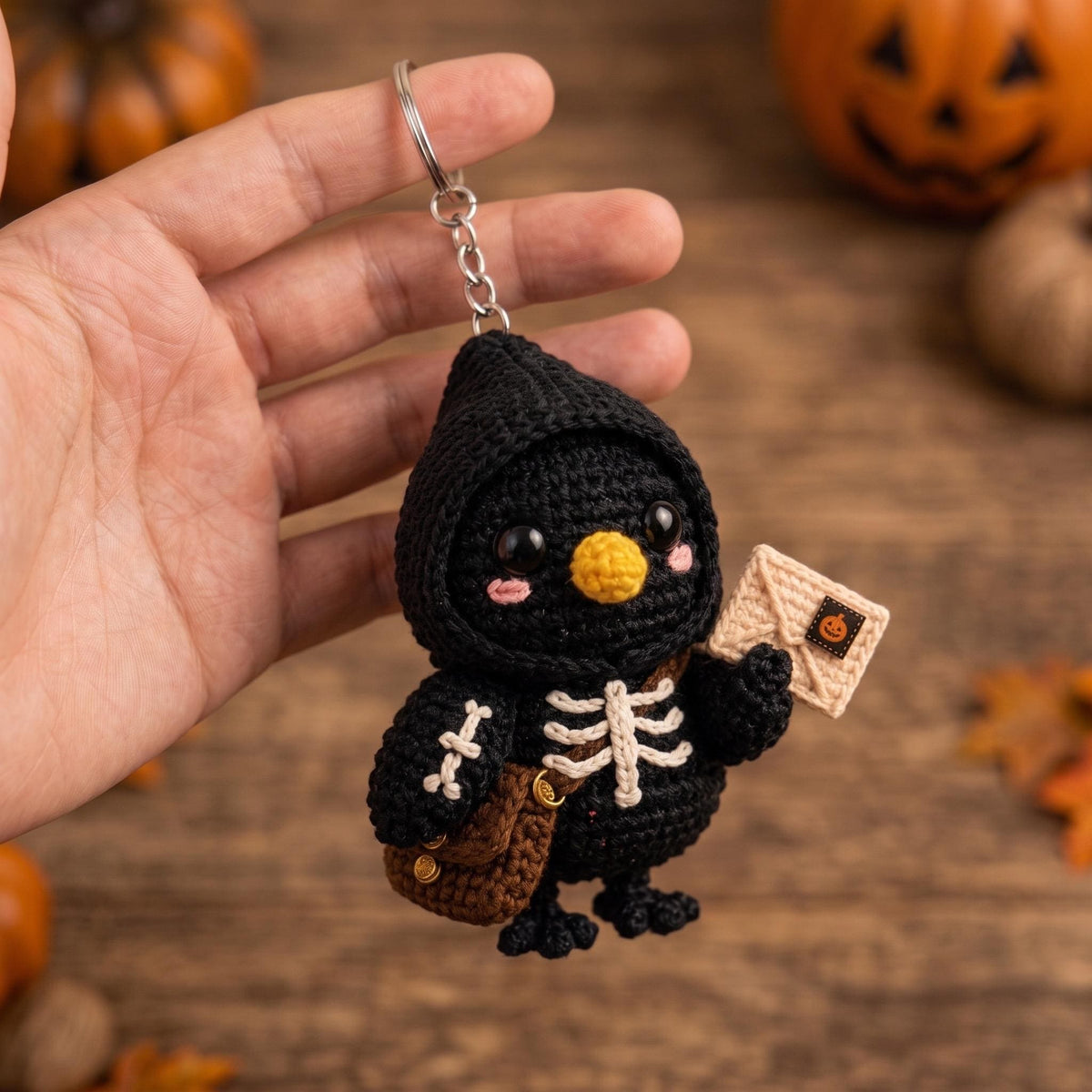 Crochet Crow Mail Carrier, Halloween Crow Plush, Raven Keychain, Spooky Bird Decor, Gothic Halloween Gift, Bag Charm