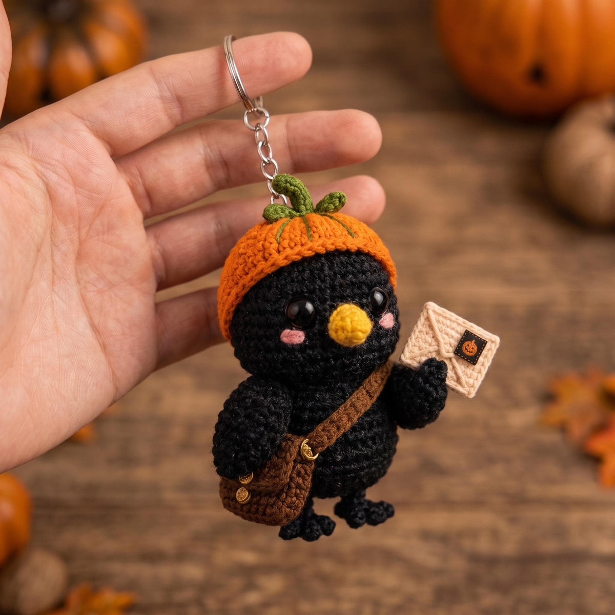 Crochet Crow Mail Carrier, Halloween Crow Plush, Raven Keychain, Spooky Bird Decor, Gothic Halloween Gift, Bag Charm