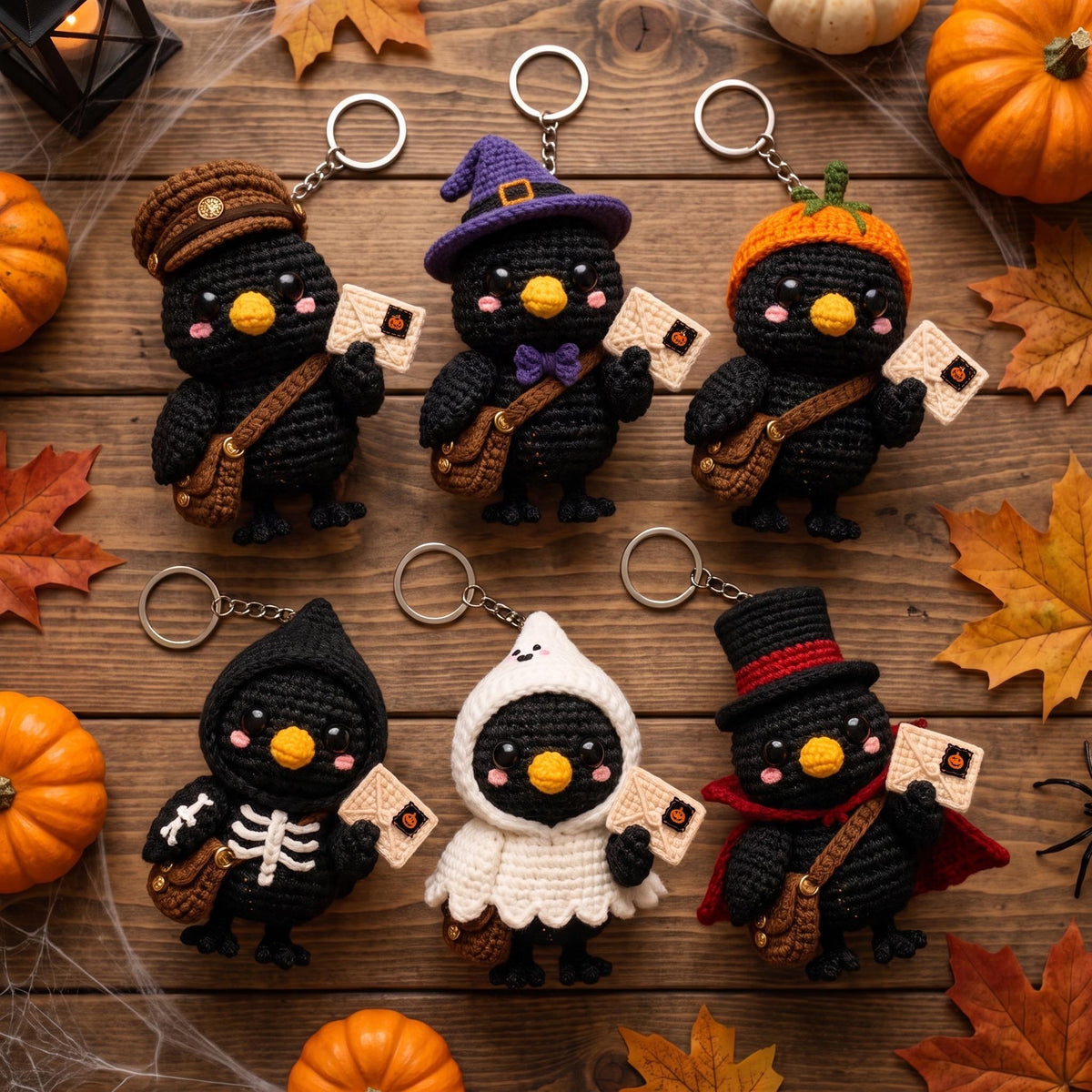 Crochet Crow Mail Carrier, Halloween Crow Plush, Raven Keychain, Spooky Bird Decor, Gothic Halloween Gift, Bag Charm