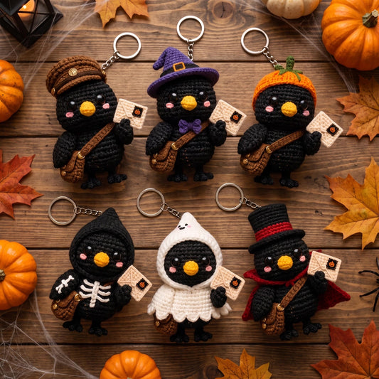 Crochet Crow Mail Carrier, Halloween Crow Plush, Raven Keychain, Spooky Bird Decor, Gothic Halloween Gift, Bag Charm