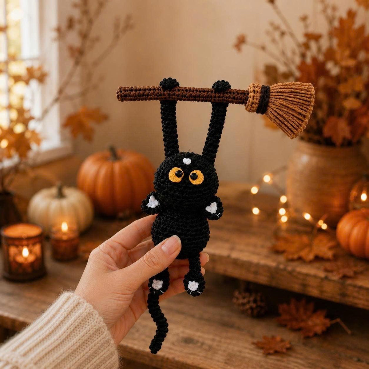 Crochet Black Cat on Broom, Halloween Car Hanging, Witch Cat Ornament, Funny Rearview Mirror Charm, Spooky Cute Decor, Halloween Gift