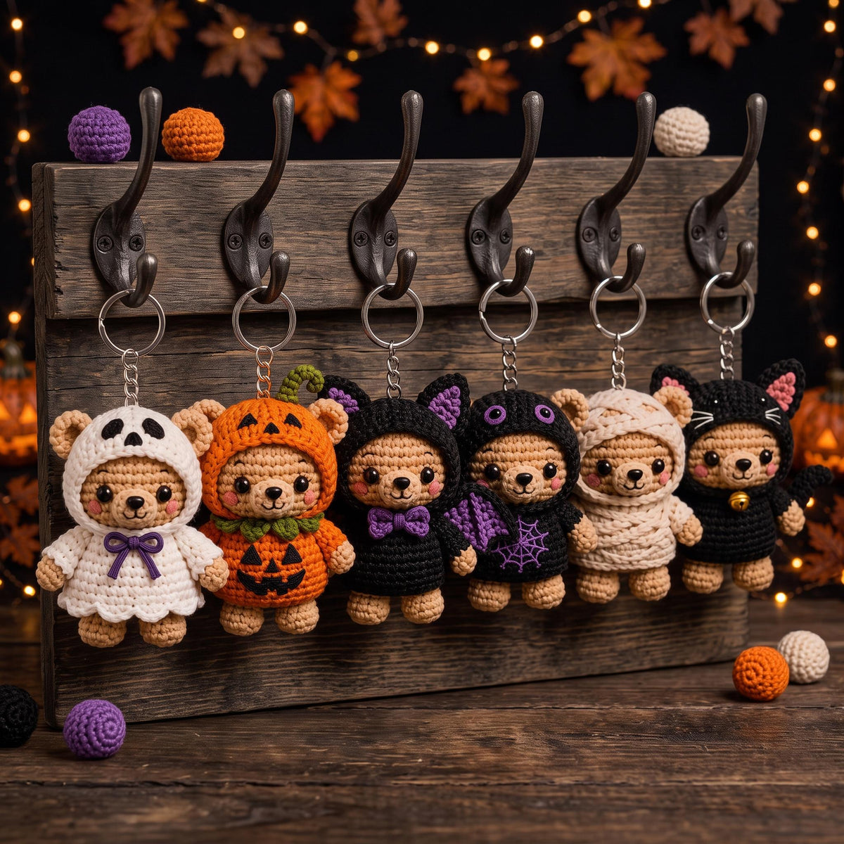 Halloween Crochet Bear Keychain, Cute Amigurumi Bear Charm, Pumpkin Ghost Cat Bear, Halloween Bag Charm, Spooky Plush Keychain
