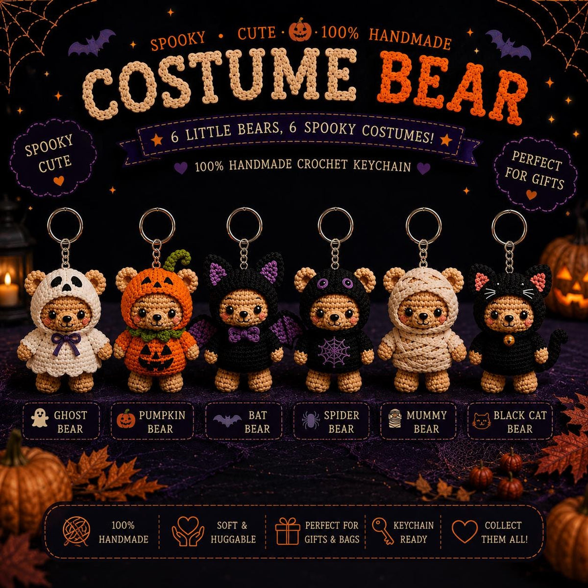 Halloween Crochet Bear Keychain, Cute Amigurumi Bear Charm, Pumpkin Ghost Cat Bear, Halloween Bag Charm, Spooky Plush Keychain