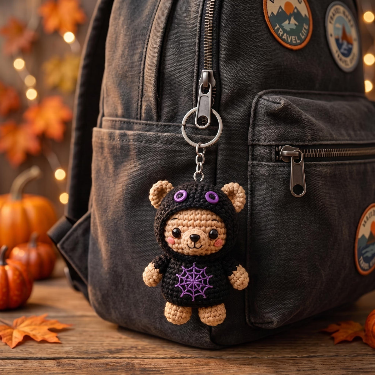 Halloween Crochet Bear Keychain, Cute Amigurumi Bear Charm, Pumpkin Ghost Cat Bear, Halloween Bag Charm, Spooky Plush Keychain