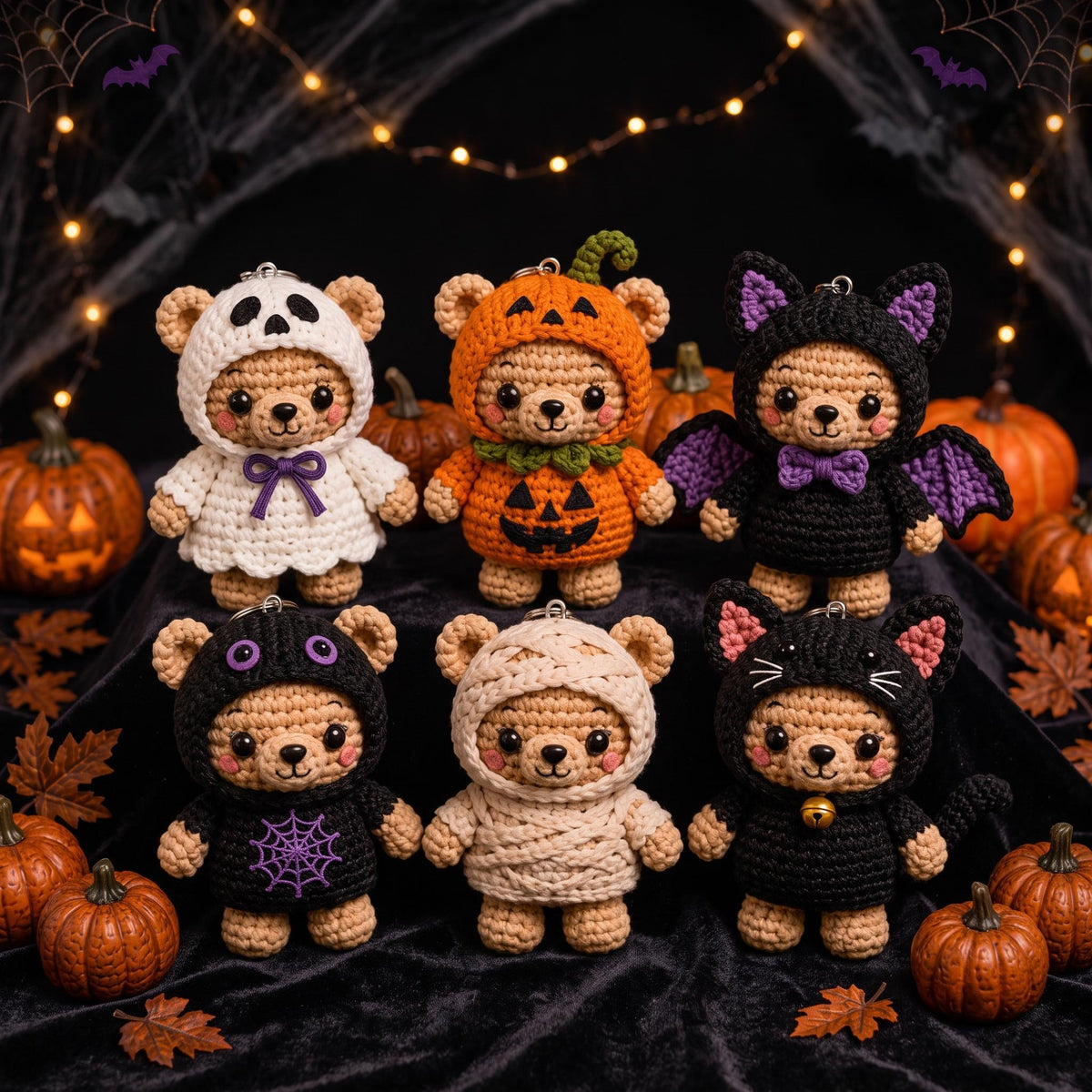 Halloween Crochet Bear Keychain, Cute Amigurumi Bear Charm, Pumpkin Ghost Cat Bear, Halloween Bag Charm, Spooky Plush Keychain