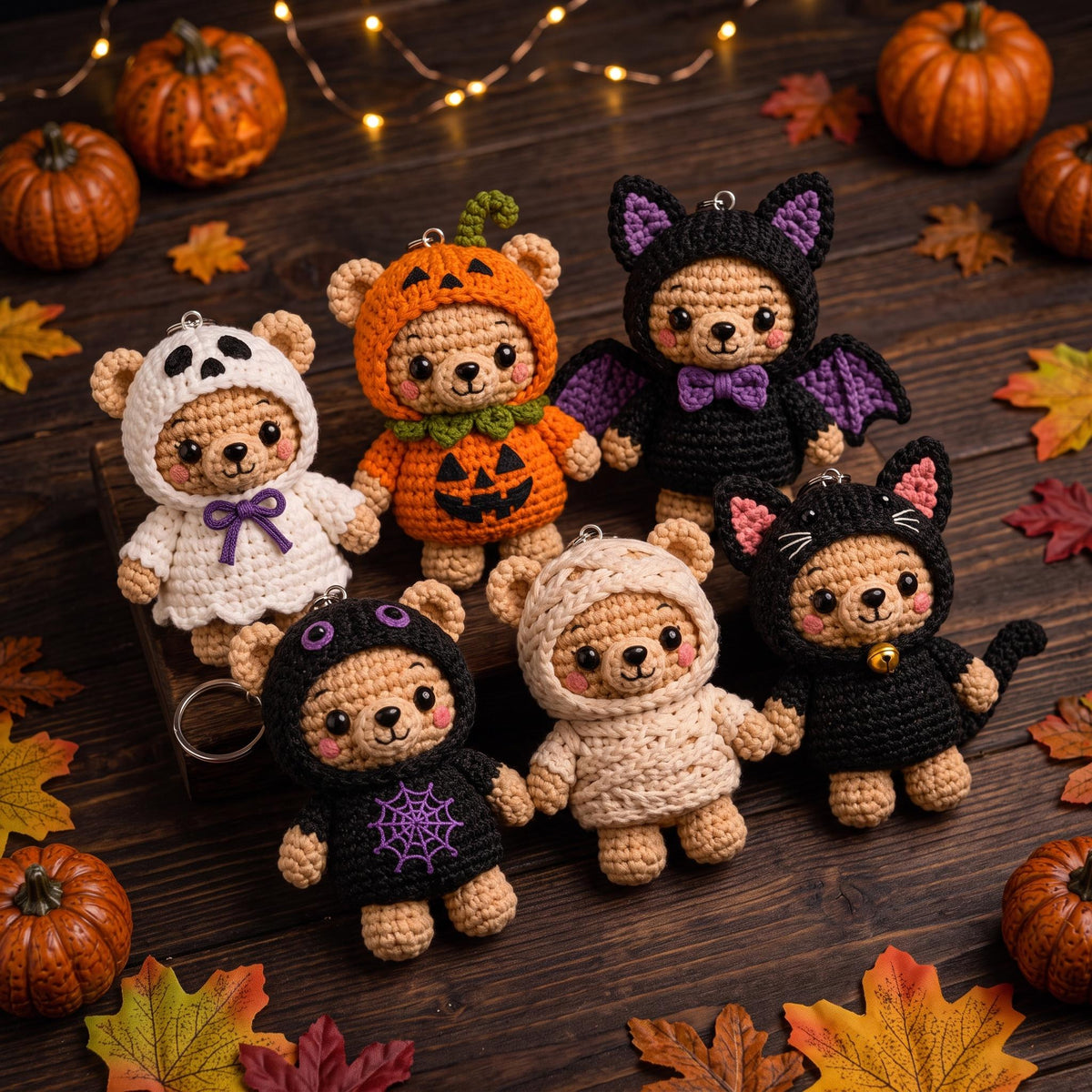 Halloween Crochet Bear Keychain, Cute Amigurumi Bear Charm, Pumpkin Ghost Cat Bear, Halloween Bag Charm, Spooky Plush Keychain