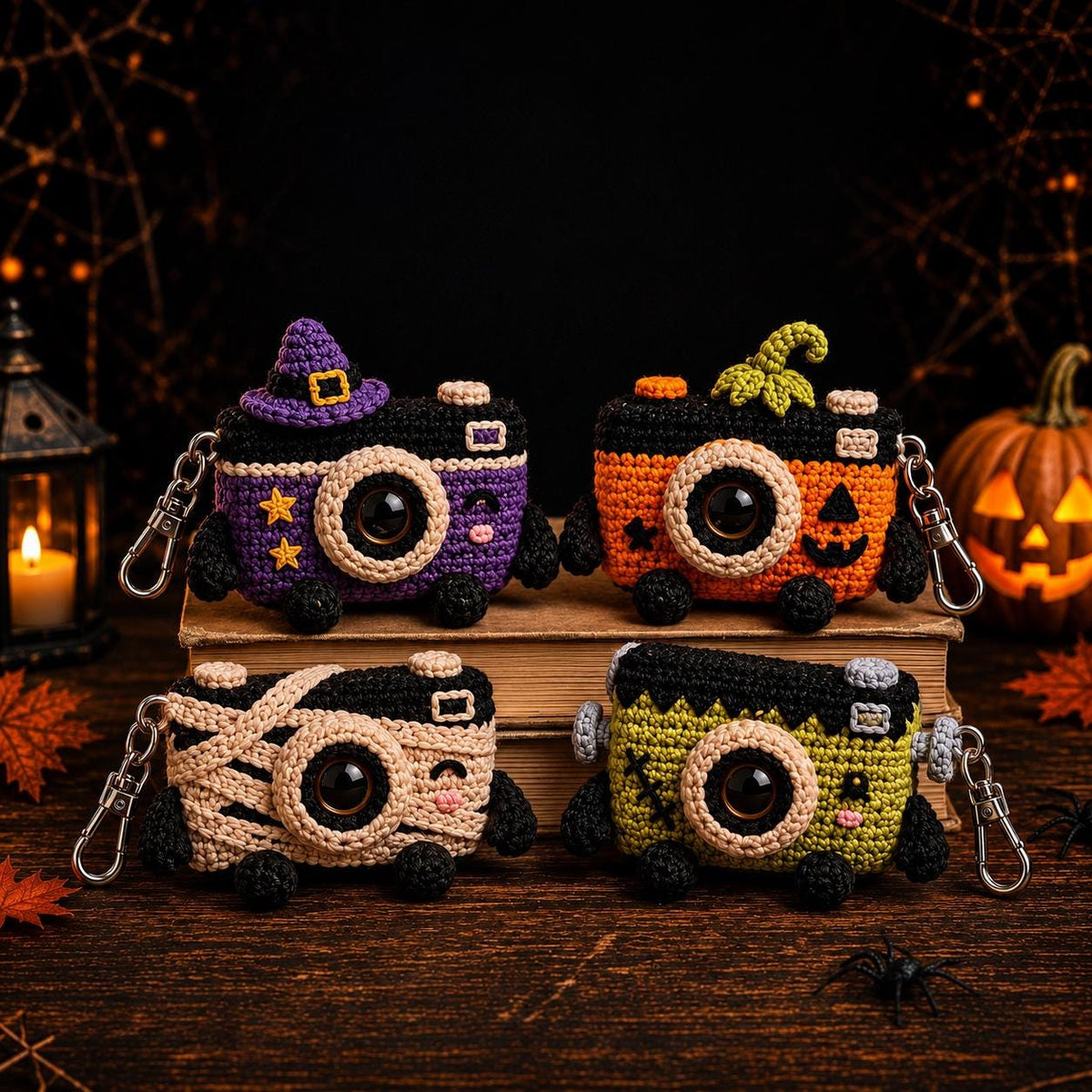 Halloween Crochet Camera Keychain, Cute Amigurumi Spooky Bag Charm, Witch Pumpkin Mummy Frankenstein Keyring, Fall Photographer Gift