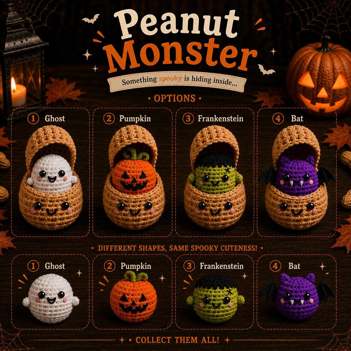 Peanut Monster Crochet Plush, Halloween Surprise Peanut, Ghost Pumpkin Bat Frankenstein Amigurumi, Spooky Fidget Toy, Cute Halloween Gift