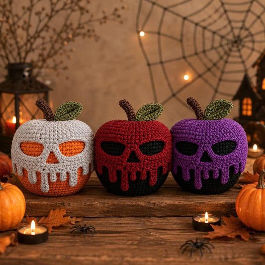 Crochet Poison Apple Decor, Halloween Skull Amigurumi, Spooky Tiered Tray Decor, Gothic Fall Centerpiece, Creepy Cute Witchy Home Accent