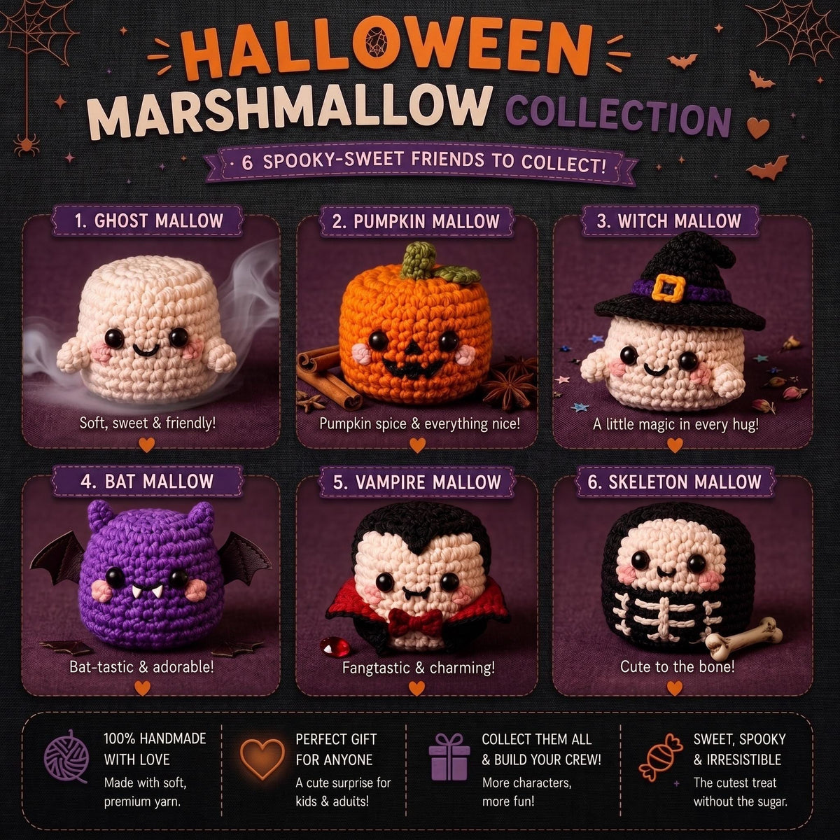 Halloween Crochet Marshmallow, Ghost Pumpkin Bat Witch Marshmallow, Cute Amigurumi Plush, Spooky Desk Decor, Kawaii Halloween Gift