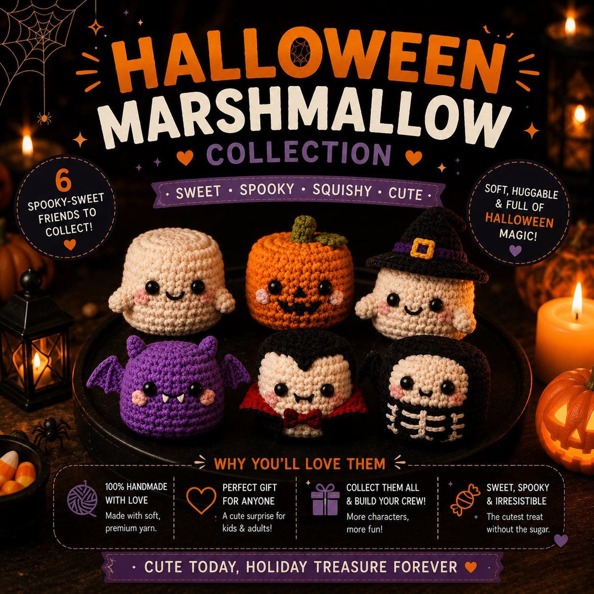 Halloween Crochet Marshmallow, Ghost Pumpkin Bat Witch Marshmallow, Cute Amigurumi Plush, Spooky Desk Decor, Kawaii Halloween Gift