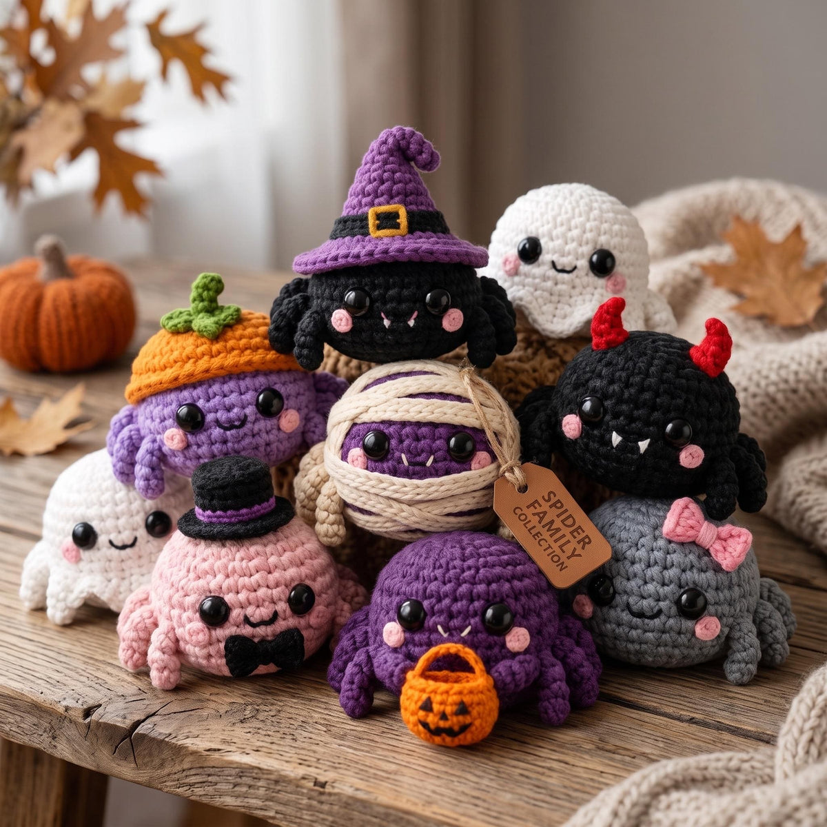 Halloween Crochet Spider, Cute Amigurumi Spider Plush, Witch Ghost Pumpkin Spider, Spooky Desk Decor, Kawaii Halloween Gift