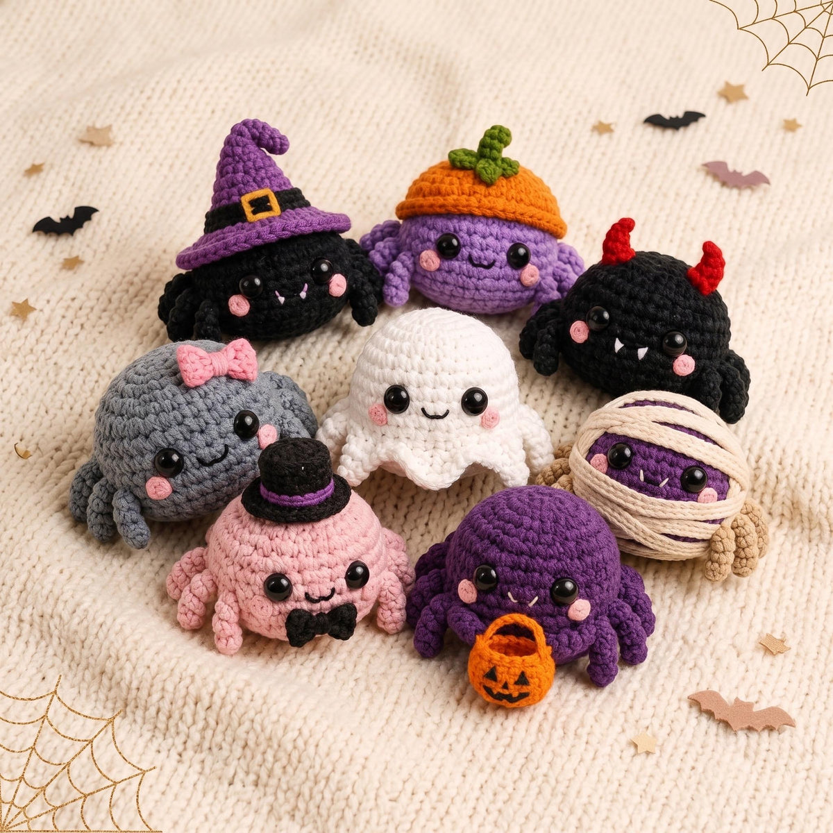 Halloween Crochet Spider, Cute Amigurumi Spider Plush, Witch Ghost Pumpkin Spider, Spooky Desk Decor, Kawaii Halloween Gift
