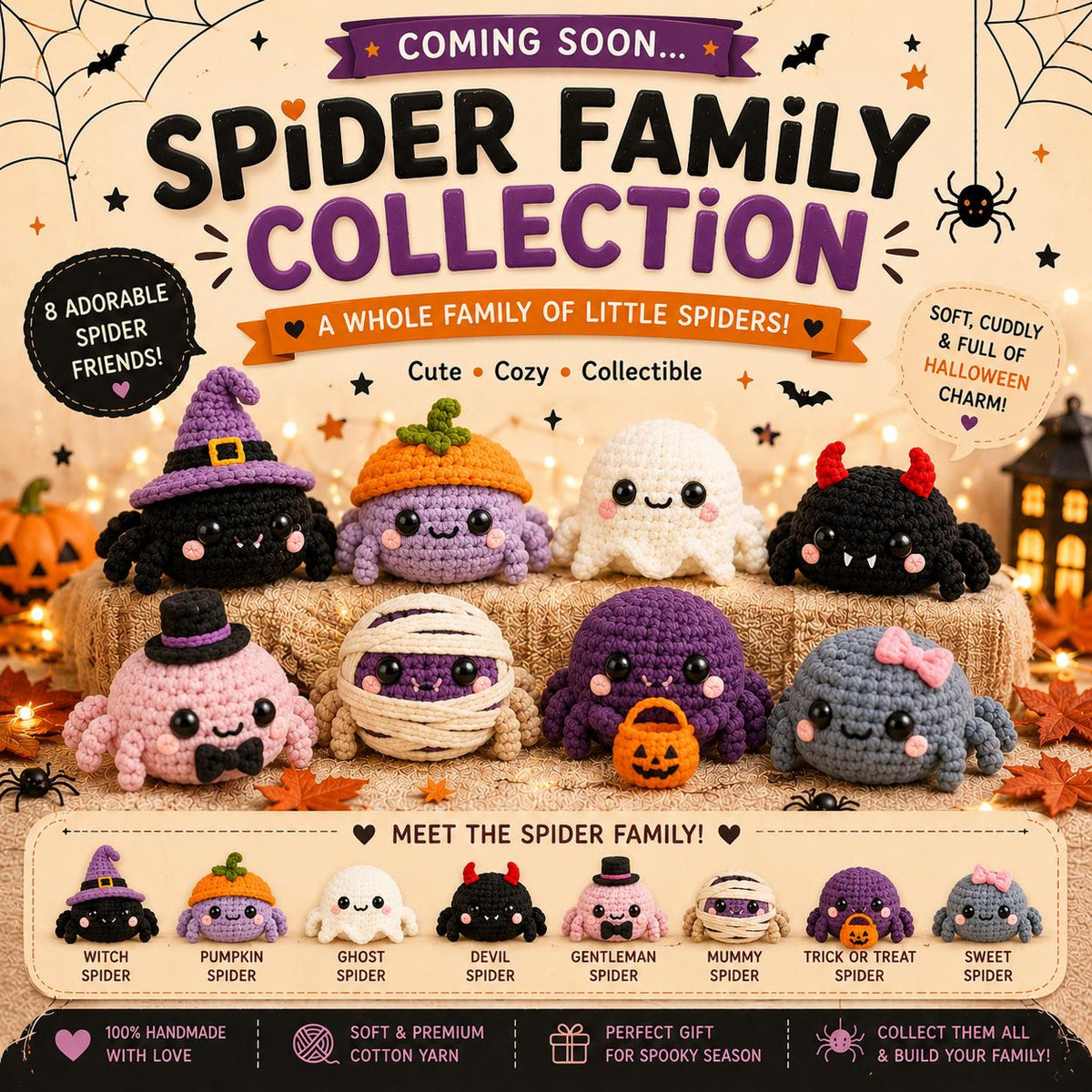 Halloween Crochet Spider, Cute Amigurumi Spider Plush, Witch Ghost Pumpkin Spider, Spooky Desk Decor, Kawaii Halloween Gift
