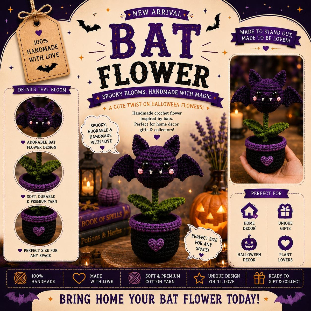 Crochet Bat Flower Pot, Halloween Desk Decor, Spooky Bat Plant, Gothic Home Decor, Cute Halloween Decoration, Handmade Halloween Gift