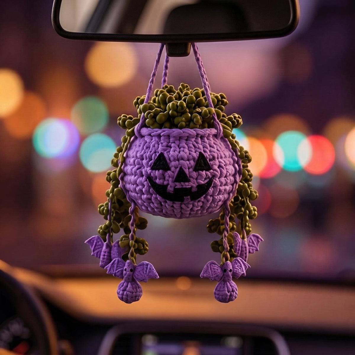 Crochet Halloween Hanging Planter, Pumpkin Car Hanging, Ghost Bat Rearview Mirror Charm, Spooky Cute Car Decor, Handmade Halloween Gift