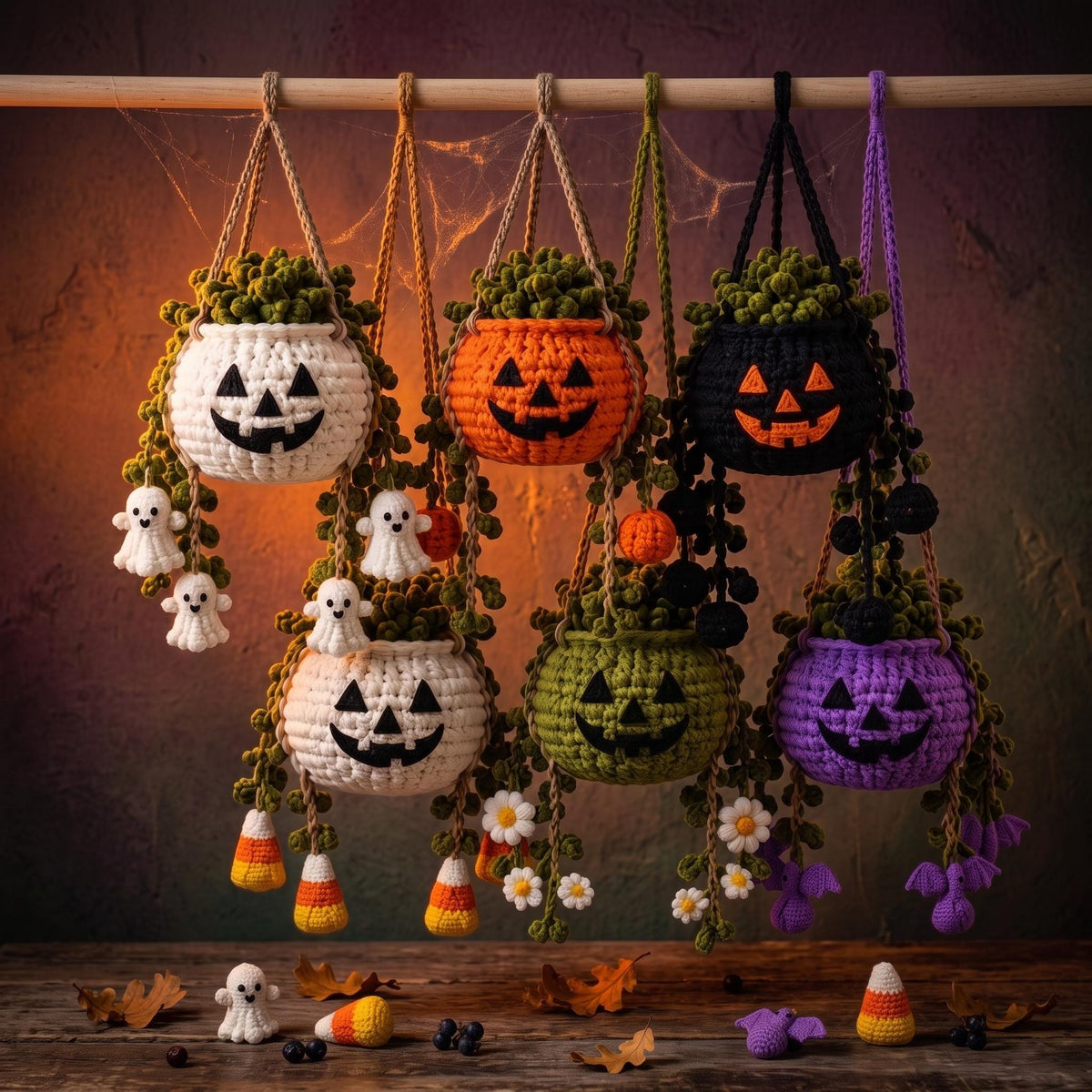 Crochet Halloween Hanging Planter, Pumpkin Car Hanging, Ghost Bat Rearview Mirror Charm, Spooky Cute Car Decor, Handmade Halloween Gift