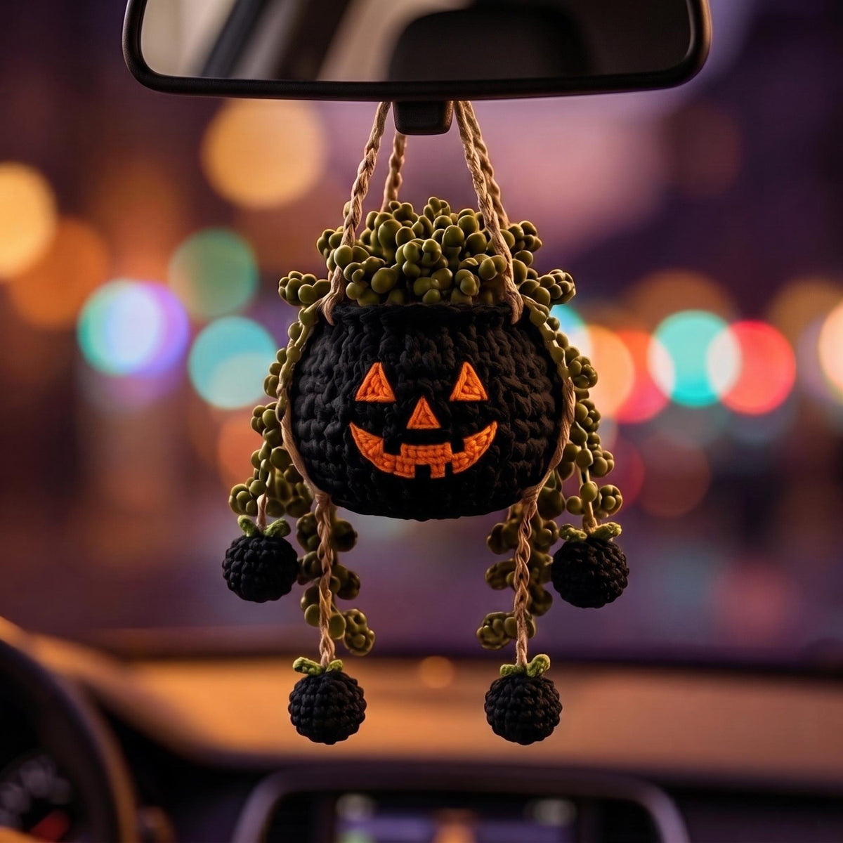 Crochet Halloween Hanging Planter, Pumpkin Car Hanging, Ghost Bat Rearview Mirror Charm, Spooky Cute Car Decor, Handmade Halloween Gift