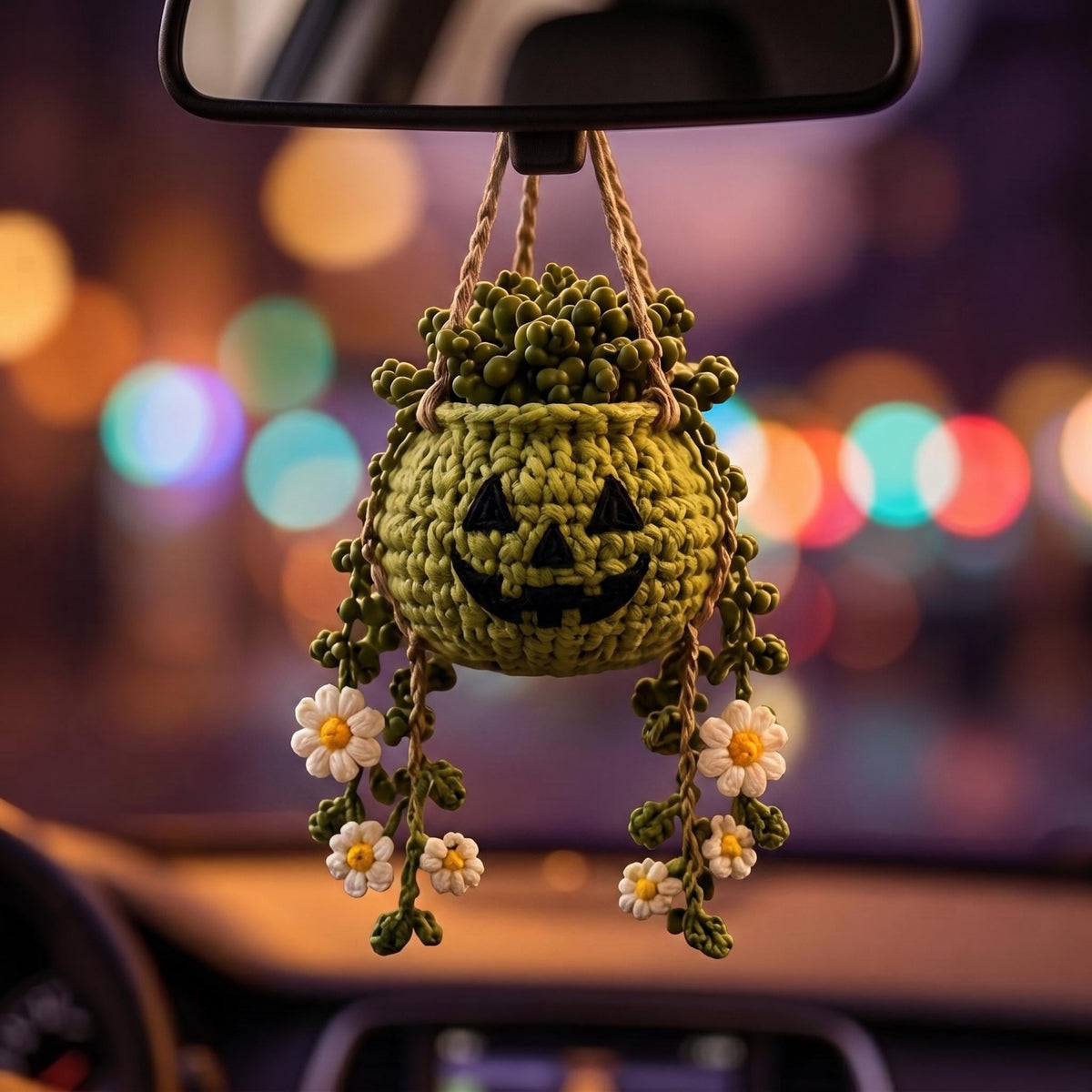 Crochet Halloween Hanging Planter, Pumpkin Car Hanging, Ghost Bat Rearview Mirror Charm, Spooky Cute Car Decor, Handmade Halloween Gift