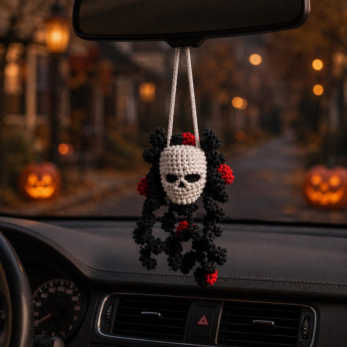 Crochet Skull Hanging Decor, Halloween Car Plant Mirror Charm, Spooky Hanging Ornament, Creepy Cute Amigurumi, Gothic Wall Decor Gift