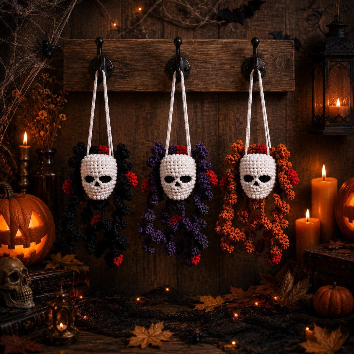 Crochet Skull Hanging Decor, Halloween Car Plant Mirror Charm, Spooky Hanging Ornament, Creepy Cute Amigurumi, Gothic Wall Decor Gift