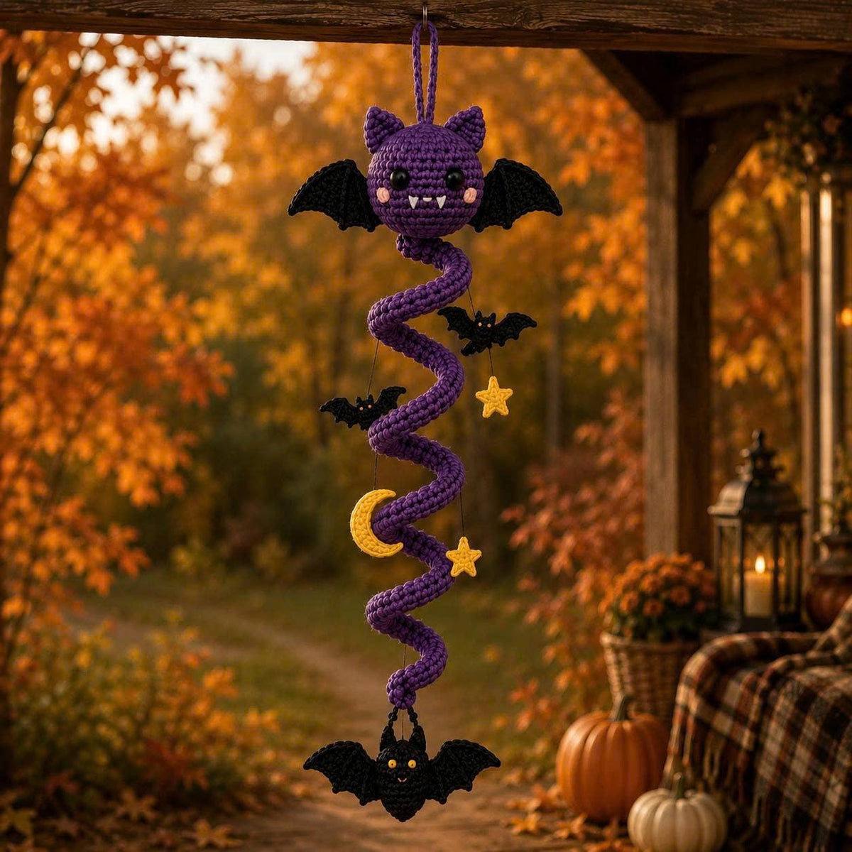 Halloween Wind Spinner, Crochet Ghost Mobile, Pumpkin Hanging Decor, Bat Spiral Amigurumi, Spooky Porch Decor, Cute Fall Patio Ornament