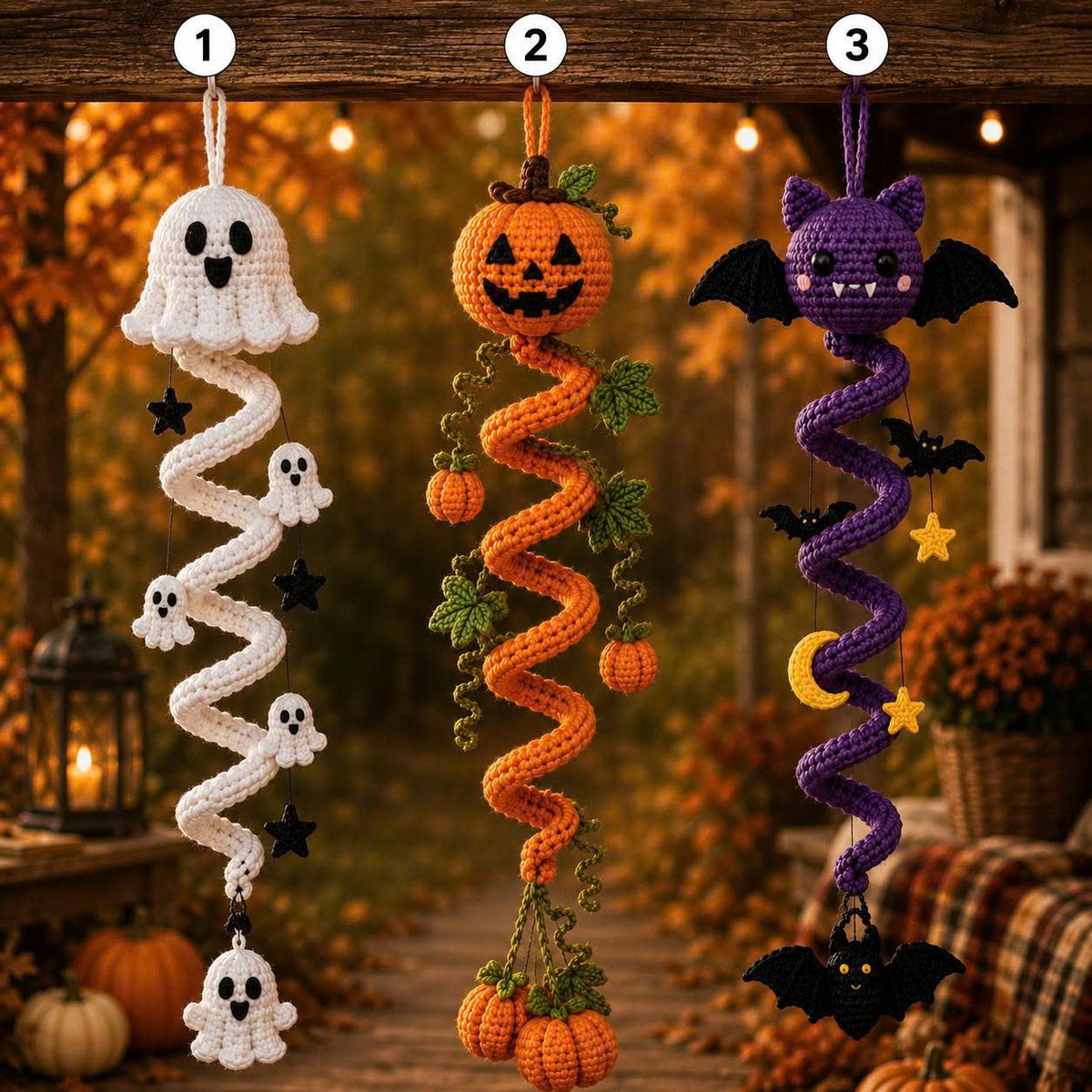 Halloween Wind Spinner, Crochet Ghost Mobile, Pumpkin Hanging Decor, Bat Spiral Amigurumi, Spooky Porch Decor, Cute Fall Patio Ornament