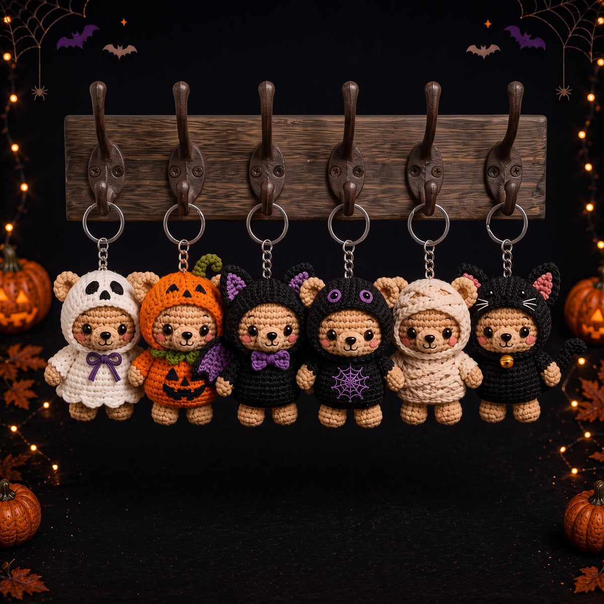 Halloween Crochet Bear Keychain, Cute Amigurumi Bear Charm, Pumpkin Ghost Cat Bear, Halloween Bag Charm, Spooky Plush Keychain