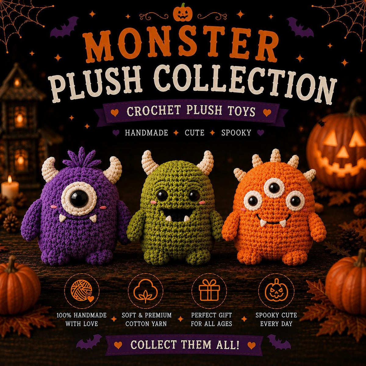 Crochet Monster Plush Collection, Cute Halloween Amigurumi, Purple Green Orange Monster, Spooky Desk Decor, Funny Halloween Gift