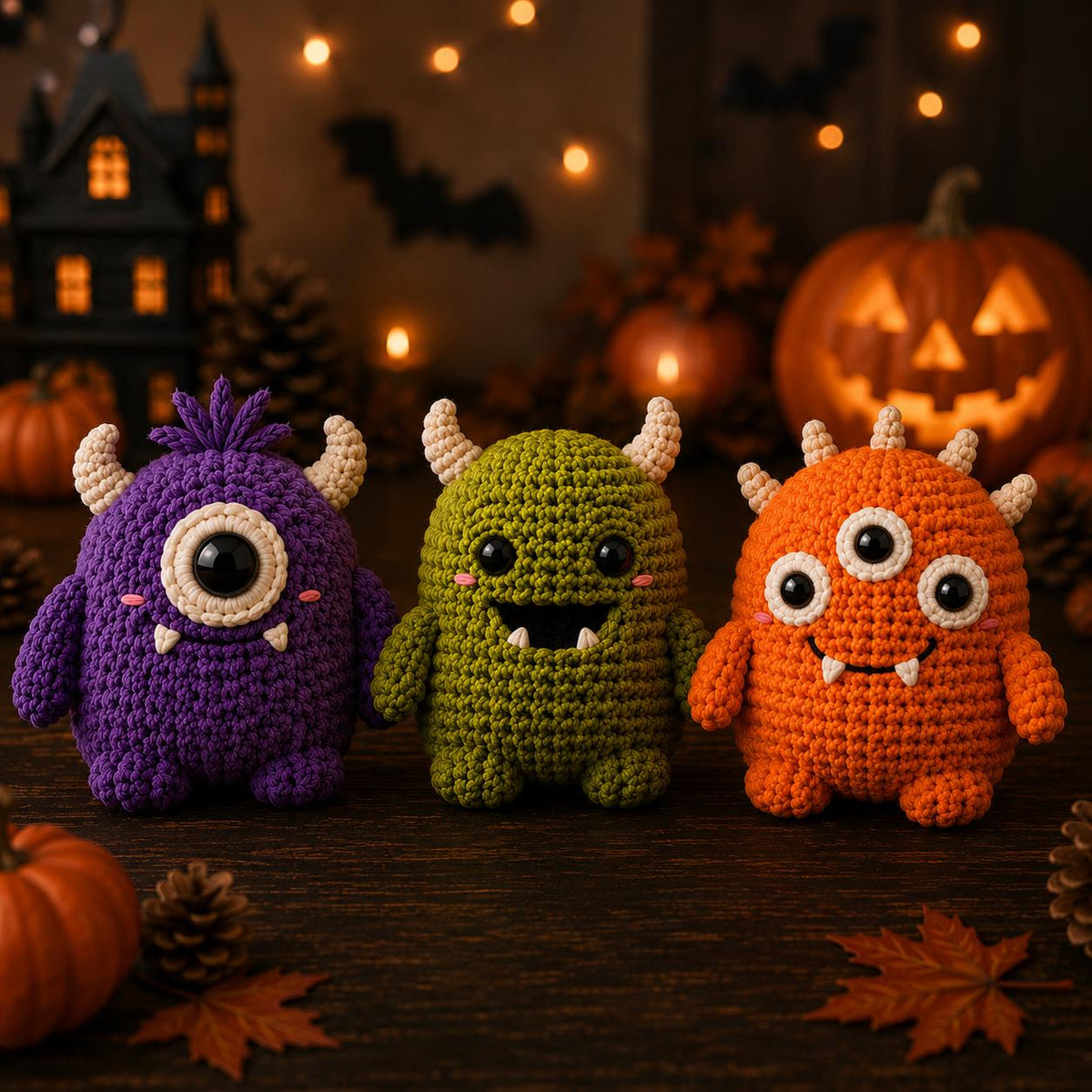 Crochet Monster Plush Collection, Cute Halloween Amigurumi, Purple Green Orange Monster, Spooky Desk Decor, Funny Halloween Gift