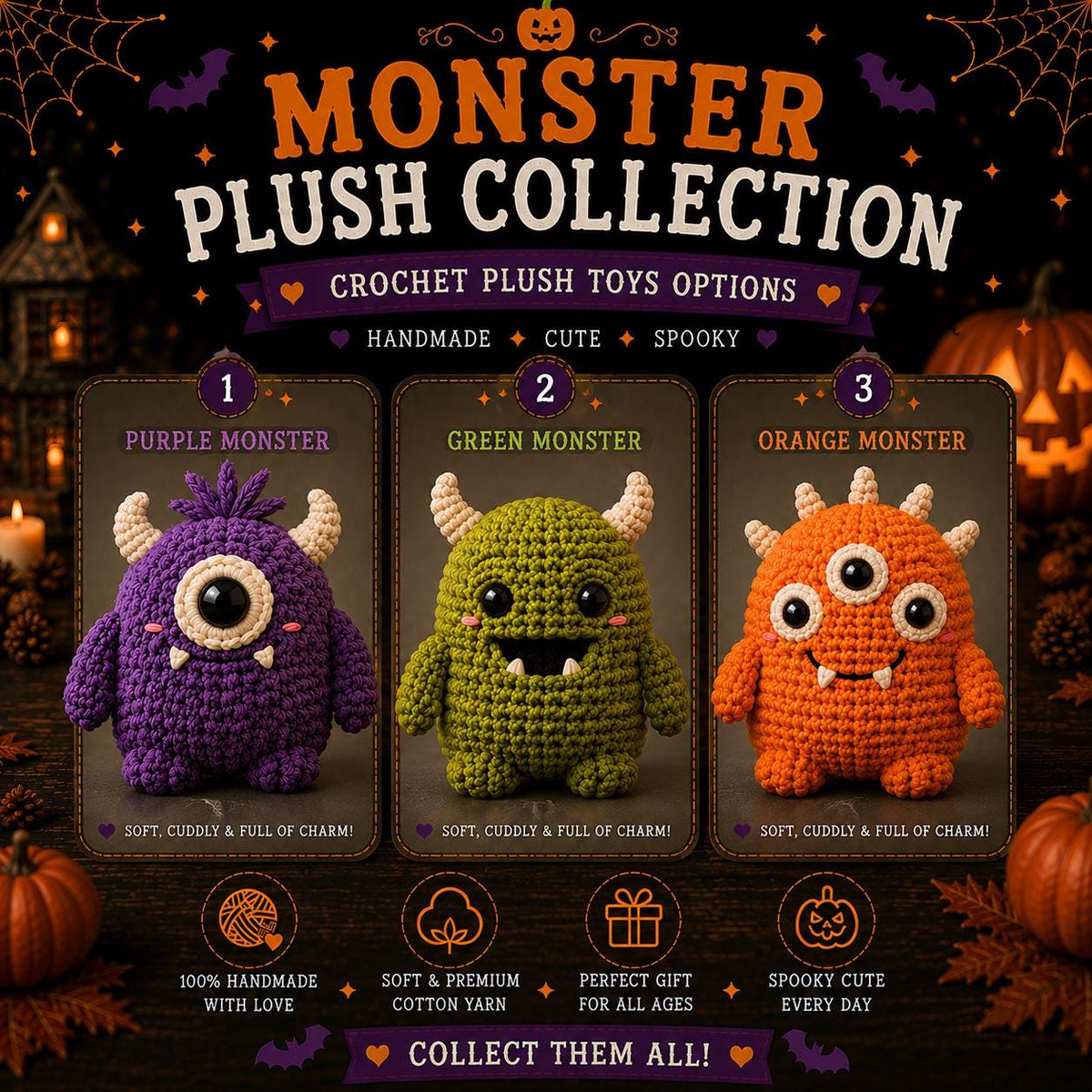 Crochet Monster Plush Collection, Cute Halloween Amigurumi, Purple Green Orange Monster, Spooky Desk Decor, Funny Halloween Gift