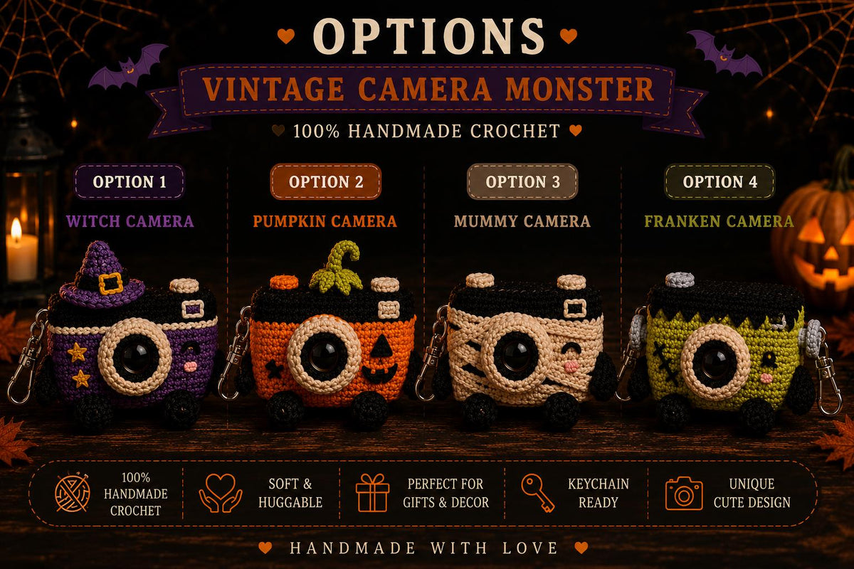 Halloween Crochet Camera Keychain, Cute Amigurumi Spooky Bag Charm, Witch Pumpkin Mummy Frankenstein Keyring, Fall Photographer Gift