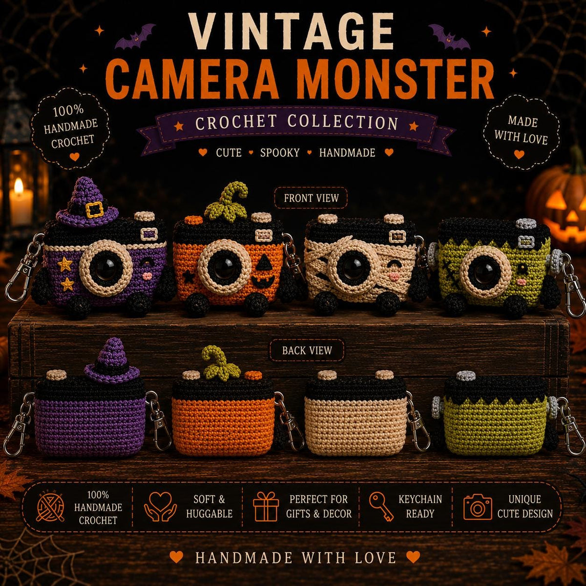 Halloween Crochet Camera Keychain, Cute Amigurumi Spooky Bag Charm, Witch Pumpkin Mummy Frankenstein Keyring, Fall Photographer Gift